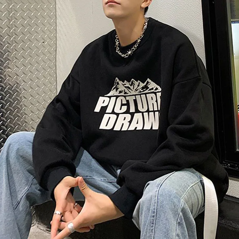Spring Autumn Hip Hop Letter Harajuku Print Sweatshirt Man Oversized Casual Long Sleeve Male Pullover Tops Streetwear Clothes