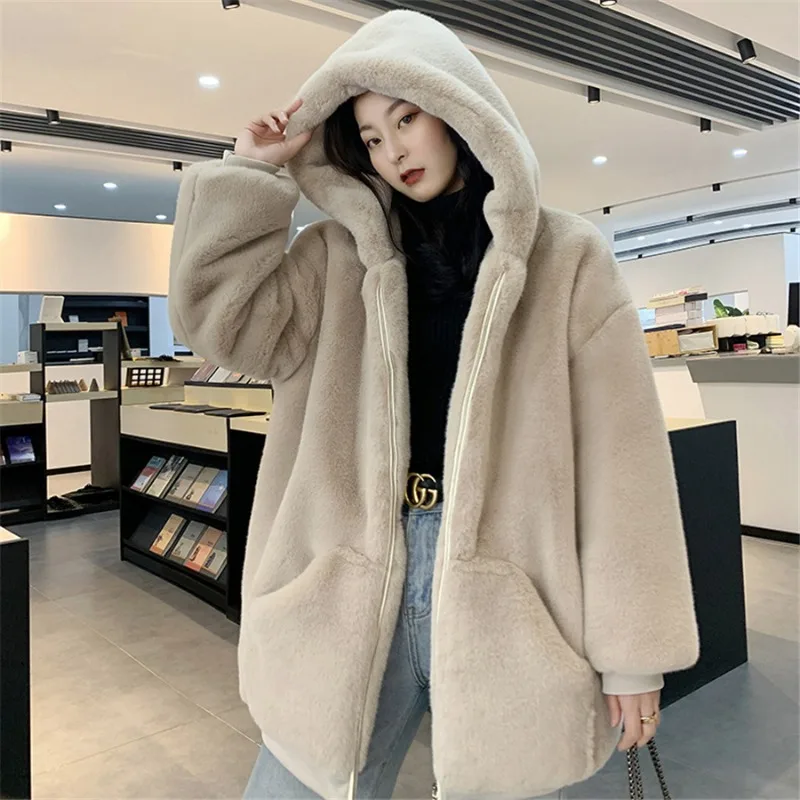 2023 Winter Women Mid-length Faux Rabbit Fur Hooded Coat Thicken Warm Overwear Plush Outcoat Solid Color Elegant Fashion Jackets