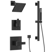 Black Shower Faucet Set with Slide Bar All Metal System Valve 6" Rain Wall Mount Combo Handheld Stainless 16" Arm Hose Bracket 2