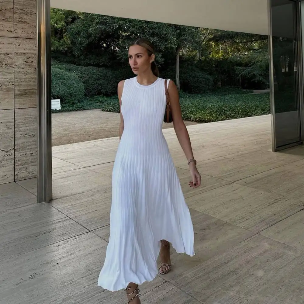 

Knitted Bodycon Dress Women Round Neck Large Pit Stripe Slim Sleeveless Knitting Skirt Solid Long Dresses for Women Vestidos