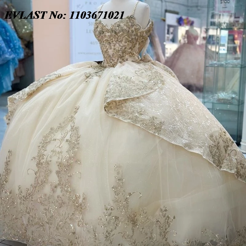 

EVLAST Champagne Quinceanera Dress Ball Gown Lace Applique Beading Crystals Mexican Corset Sweet 16 Vestidos De XV 15 Anos SQ123