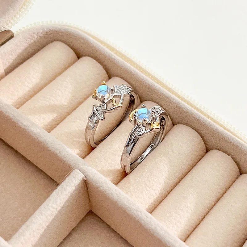 2Pcs Angel Devil Moonstone Couple Rings for Women Men Engagement Matching Ring Silver Color Moonstone Lover Jewelry Ring Gift