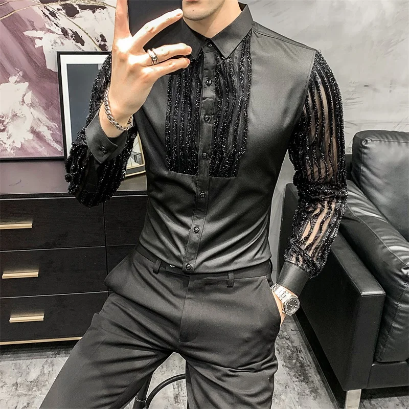 Streetwear Social Lace Hollow Shirts for Men Long Sleeve Slim Fit Party Blouse Camisas Masculinas Club Korean Men Clothes
