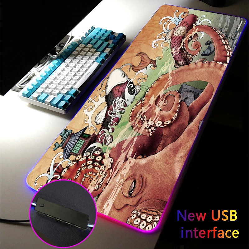 

Koi RGB Mouse Pad Typec Interface Japanese Art Backlight Multiple Interfaces Desk Mat Ukiyo-e MousePad Gaming Accessories Carpet
