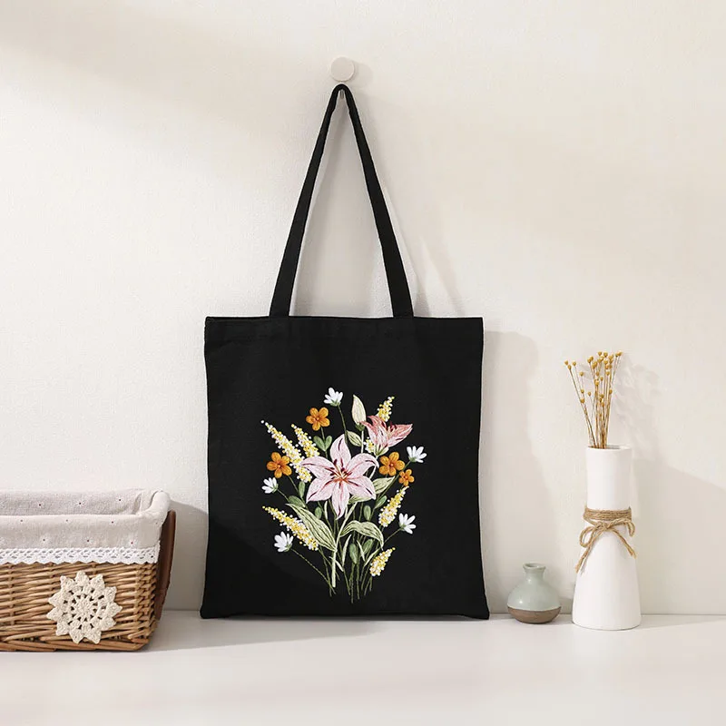 Embroidery Kit For Beginner Canvas Tote Bag flower Pattern Cross Stitch Kits Stamped Embroidery Bag Hoops Needle