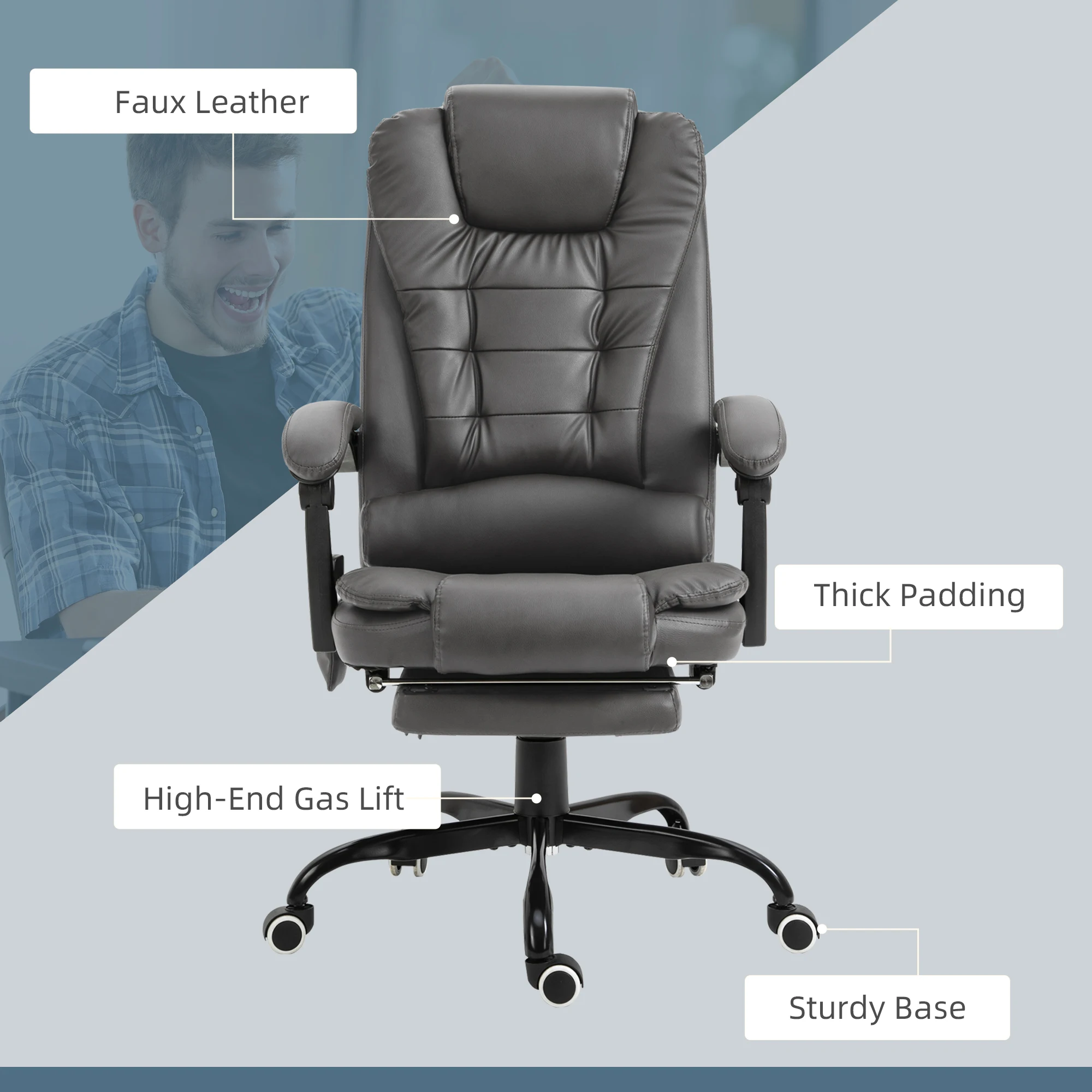 Pu Leather Massage Computer Chair W/ Padded Seat and Adjustable Height, Grey 4