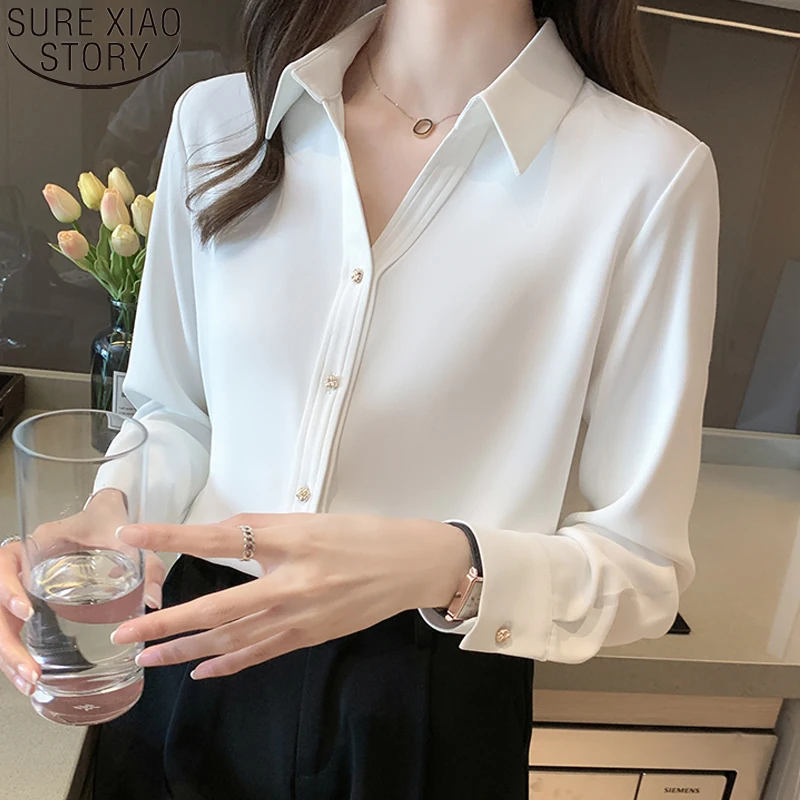 Tops de manga larga con cuello en V para mujer, coreanas de satén de seda para mujer, camisa blanca para 23058 _ AliExpress Mobile