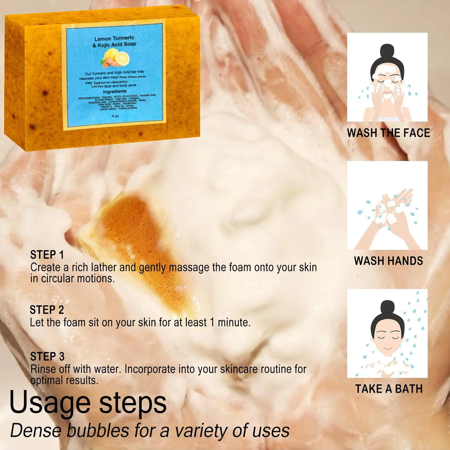 2pcs Turmeric Lemon Soap, Glowing Skin Best Soap Ever Kojic Acid Soap Skin Toning Face and Body Soap Bar Acne, Clogged Pores 5