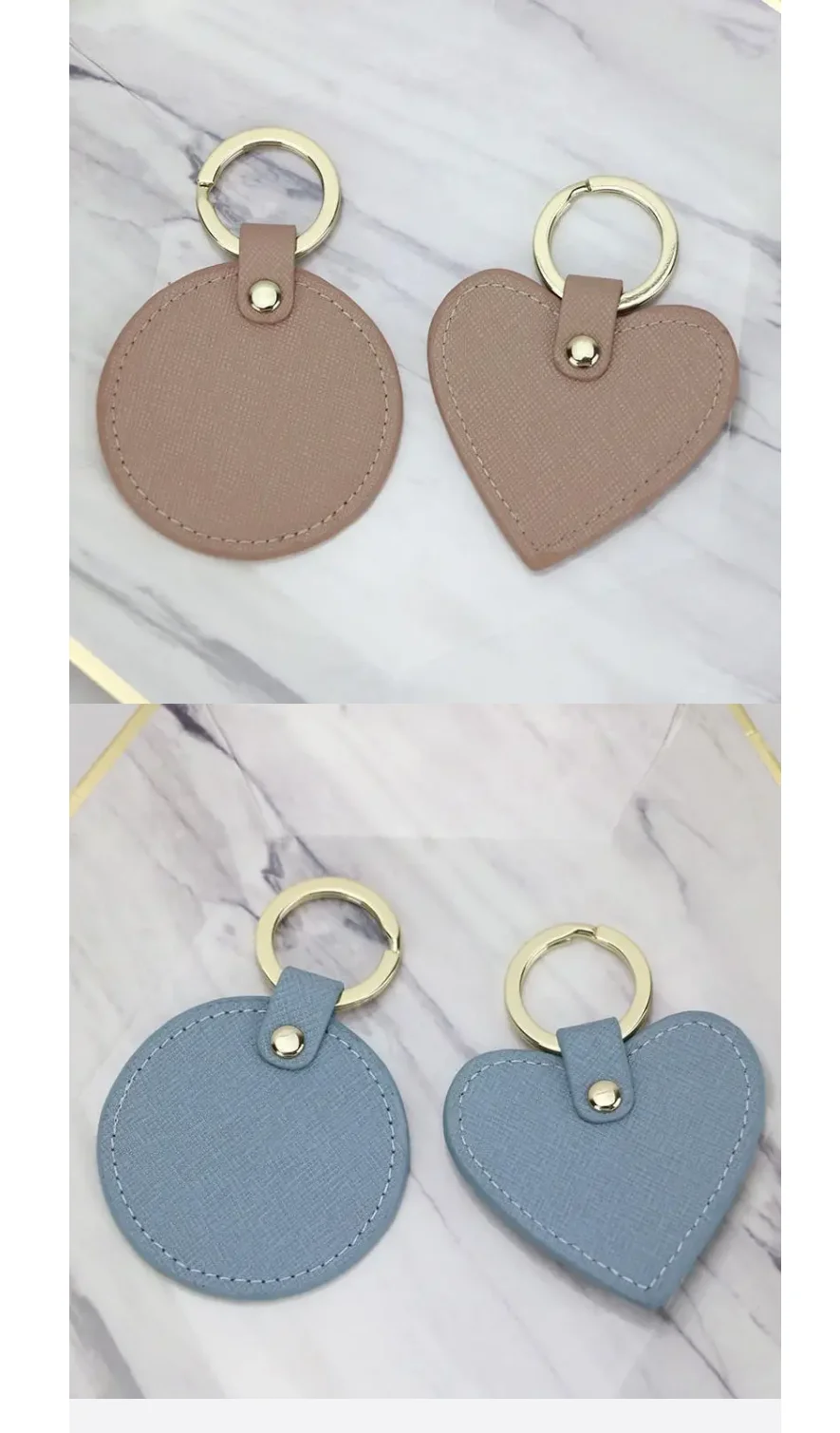 Free custom monogram logo leather keyring saffiano heart shaped kechians for promotion gift keychain ring keychain