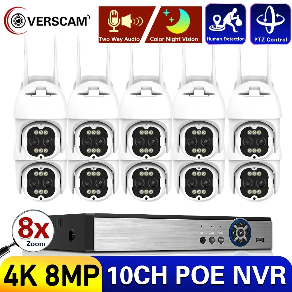 

8MP Dual Lens 10CH NVR Kit 8X Zoom 4K PTZ WiFi IP Camera Outdoor AI Human Tracking CCTV Audio Home Security Surveillance Camera