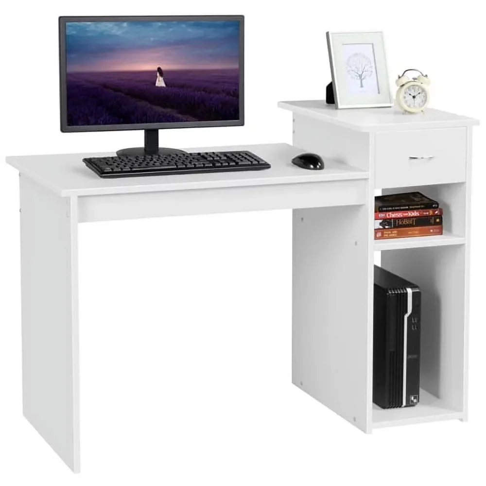 

Home Office Workstation Computer Desk With Drawer and Storage White Furniture Room Desks Reading Table Study Accessories Laptop