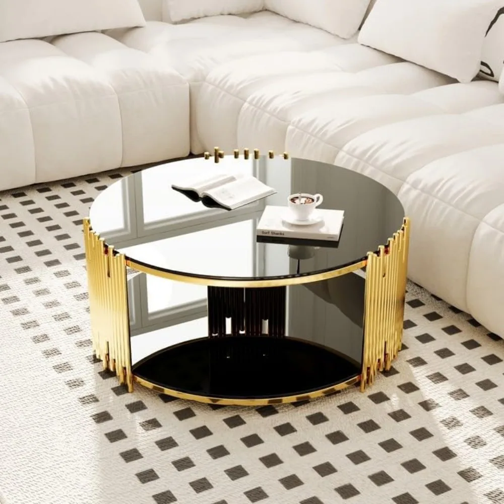 36" Modern Round Coffee Table,  Luxury Black Gold Glass Coffee Table 5