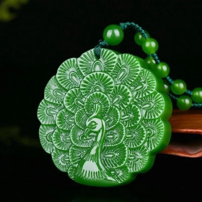 

Natural Green Jade Peacock Pendant Necklace Jewellery Fashion Accessories Hand-Carved Man Luck Amulet Gifts Woman Sweater Chain