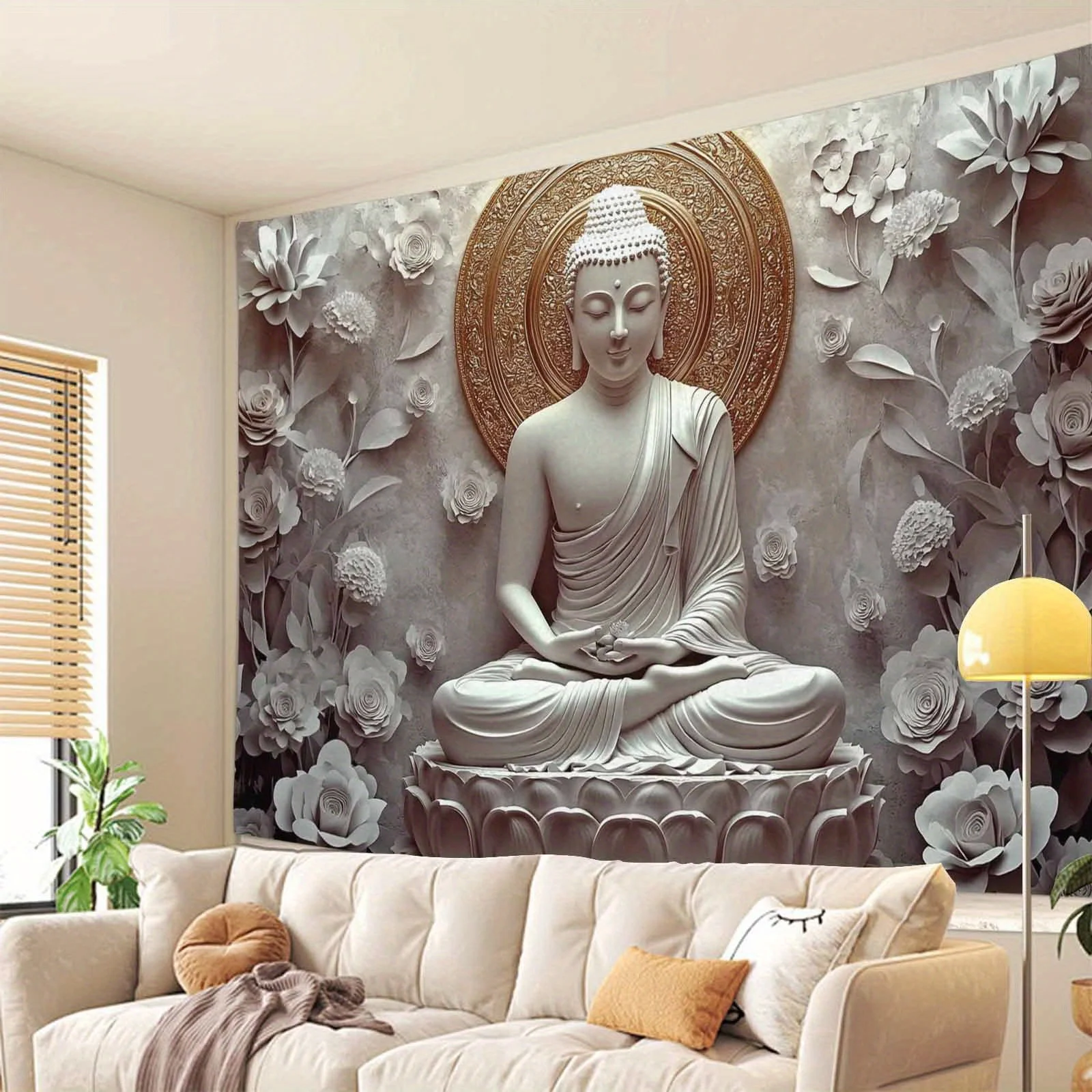 🪷 Sacred White Stone Buddha with Golden Lotus Halo – Spiritual Wall Tapestry 2