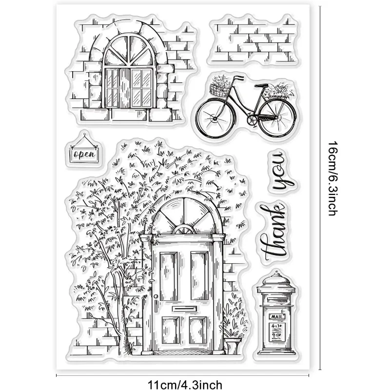 Clear Rubber Stamps 1Sheet Street Scenery Tree Door Bike Windows Postbox