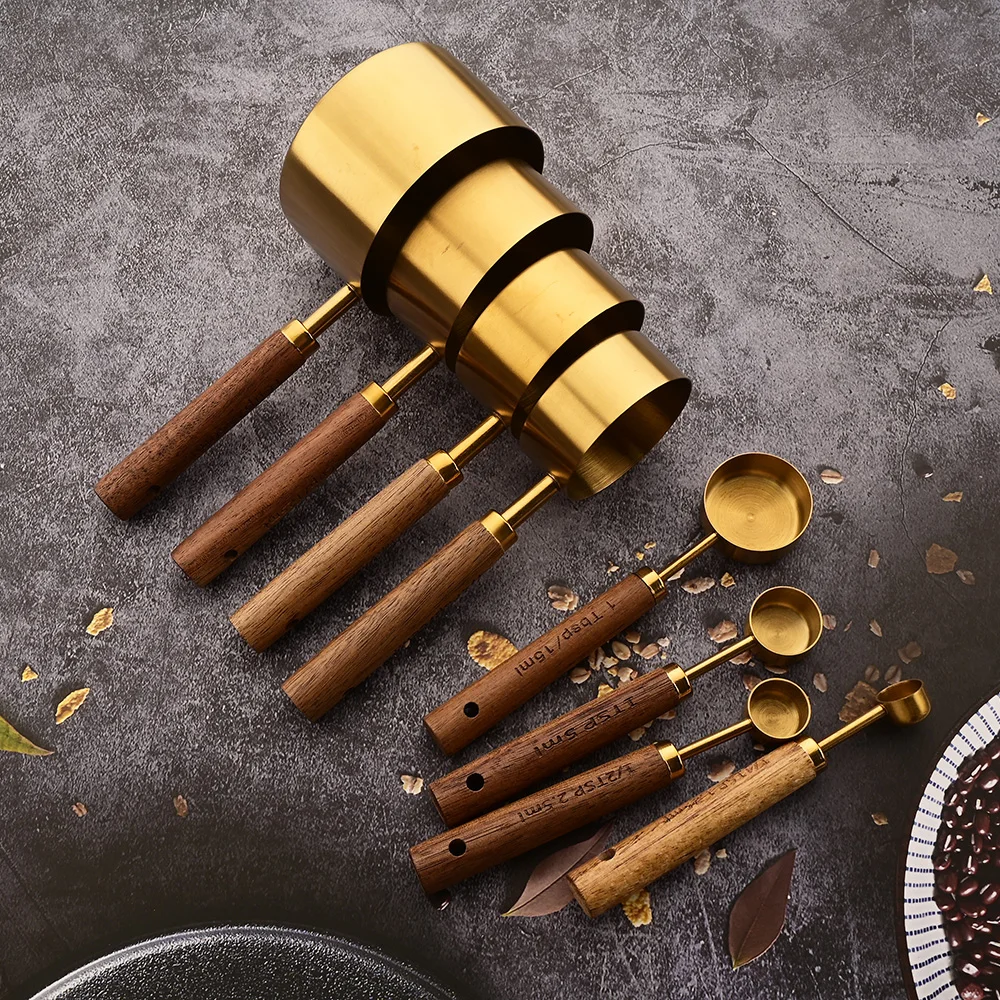 Description Picture 5 of item4/8Pcs Kitchen Baking Tools Bakeware Measuring Tools & Scales Set Stainless Steel Measuring Cups and Spoons With Wooden Handle
