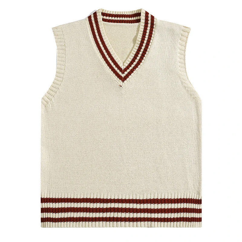 Autumn Winter Contrast Color V-neck Sleeveless Striped Knitted Vest Men Women College Style Casual Versatile Layered Waistcoat