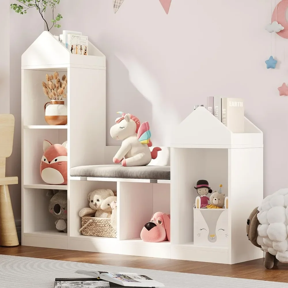 Kids Bookshelf with Reading Nook 47.75in Width Children Bookcase 6-Cubby Toy Storage Organizer Seat Cushion Wooden Storage 4