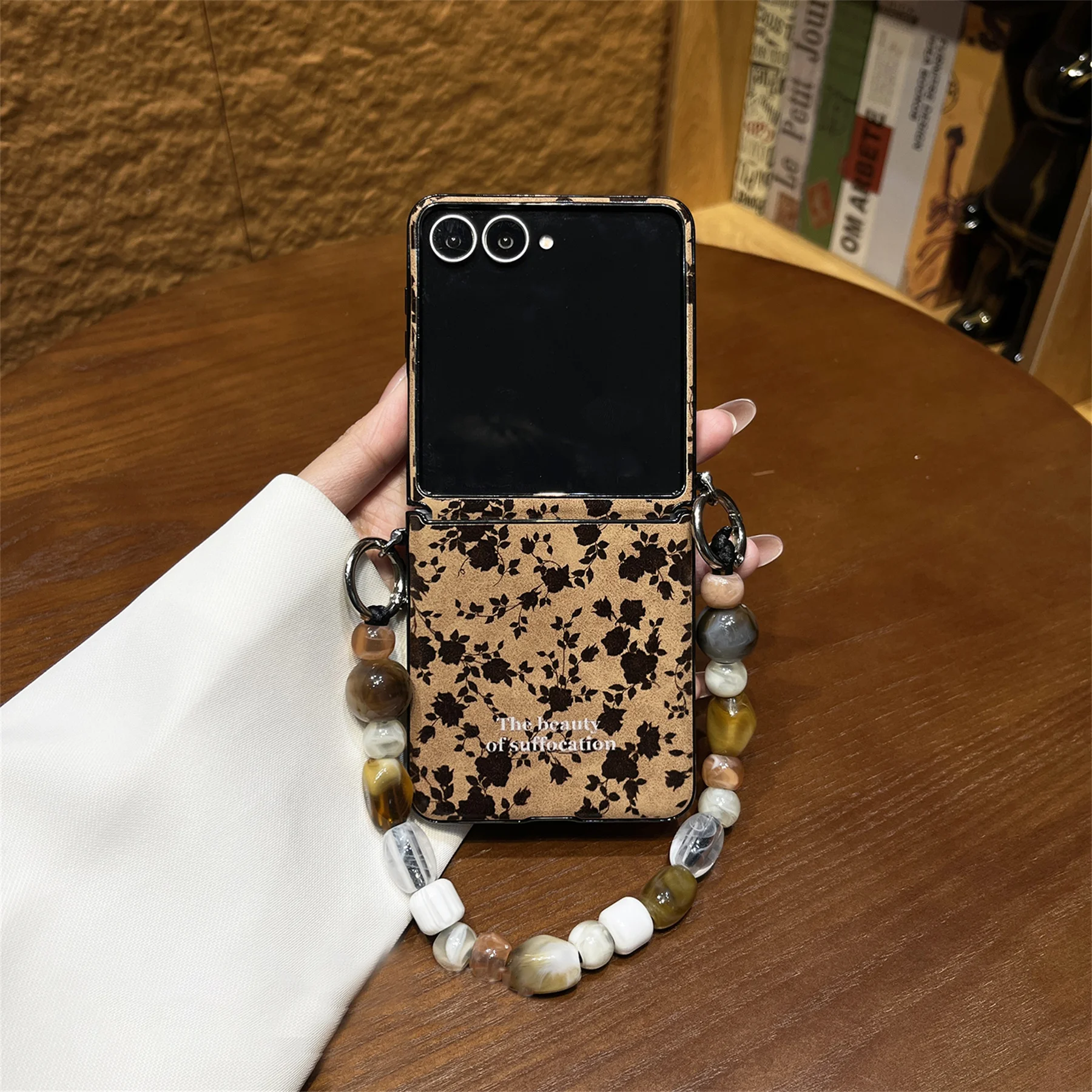 Classic Full Screen Maple Leaf Brown Case with Stone Bracelet Chain - Back Cover