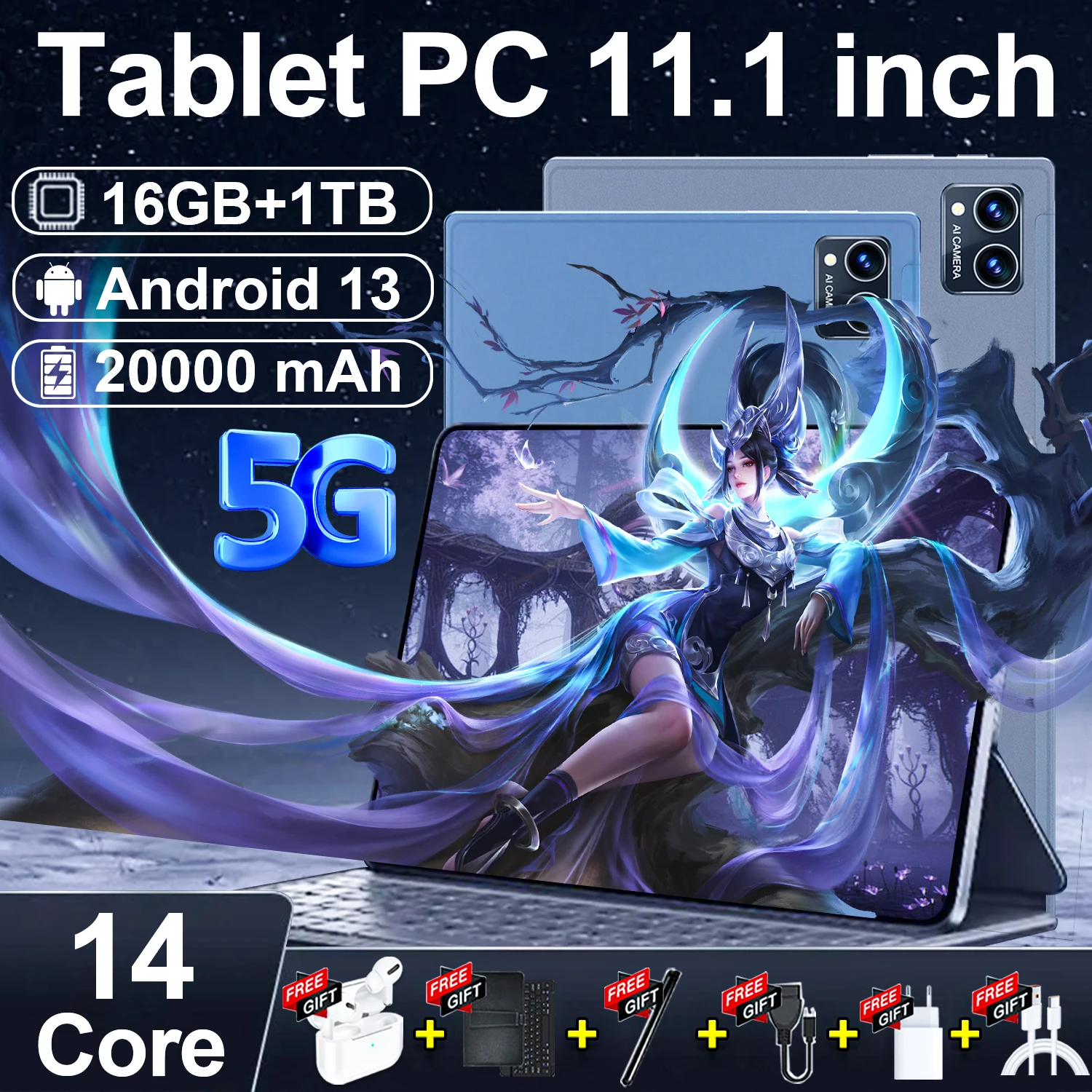 2024 Tablet Android 13.0 Nuovissimo Tablet Da 11.1 Pollici 16Gb Ram 1Tb Rom 5Mp 13Mp 20000Mah 14 Core Wifi Bluetooth Network Tablet