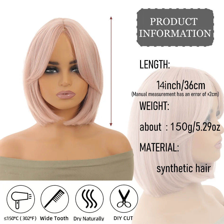 Pink wig - Women's 14 "5.29oz pink blonde Bob wig medium part with outturned figure-eight bangs short headpiece, Bob wig