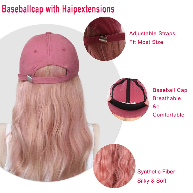 LUPU Hat Wig Pink Wavy Baseball Cap, Suitable for Women and Girls Adjustable Baseball Cap Heat-Resistant Synthetic Wig