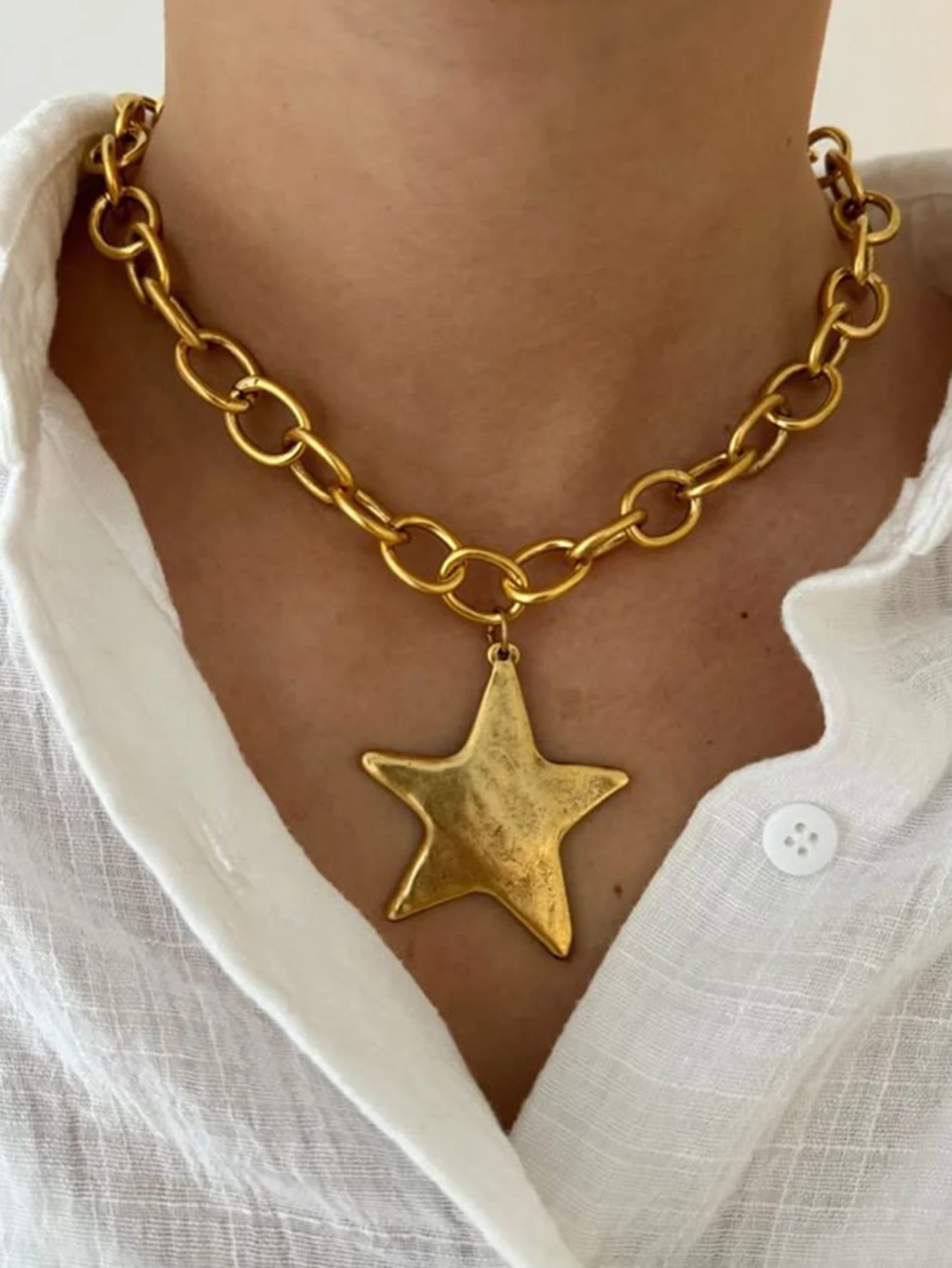 Vintage Chunky Chain Pentagram Pendant Necklace Bold Statement Womens
