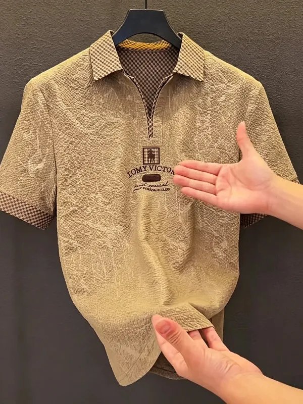 Ice Silk Embroidered  Shirt Men's Summer Short Sleeve Turn-down Collar Business Casual Fashion Brand T-shirt Breathable C...