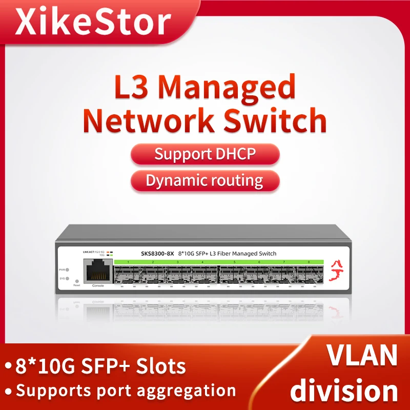XikeStor 8 porte 10G SFP + L3 Switch gestito senza ventola per l'aggregazione della porta VLAN Division WEB/CLI Management DHCP Dynamic Routing