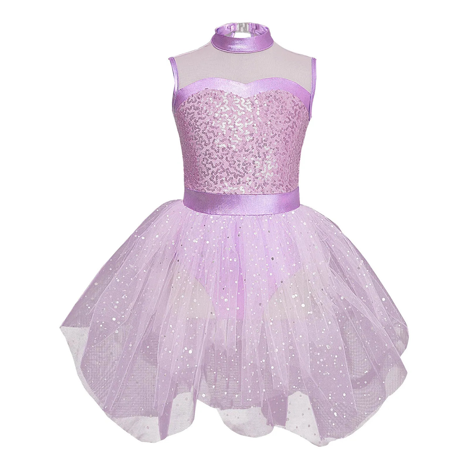 

Kid Girls Figure Skating Dance Dress Lyrical Ballet Gymnastic Costume Sleeveless Sequin Tulle Tutu Leotard Performance Dancewear