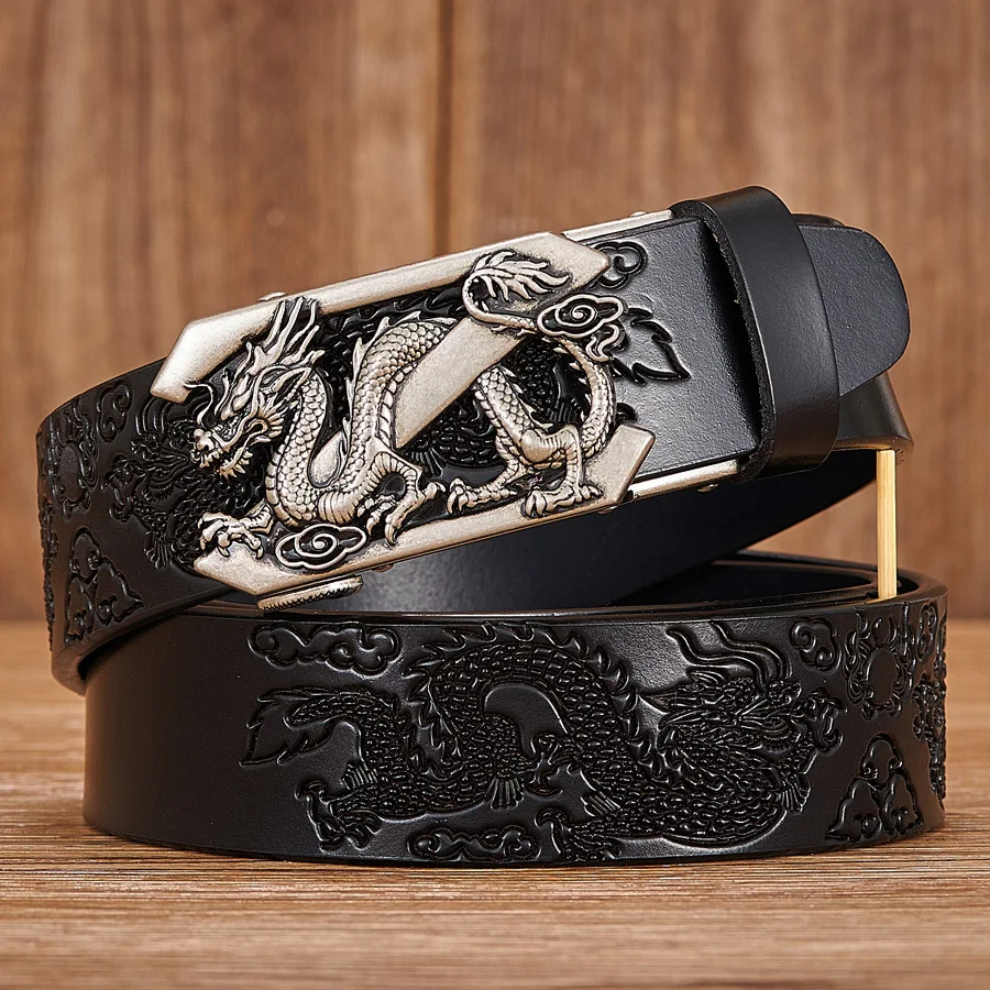 Male Genuine Leather Belts Casual Ratchet Belt with Automatic Buckle Luxury Design Dragon Pattern Belts for Business Men Strap