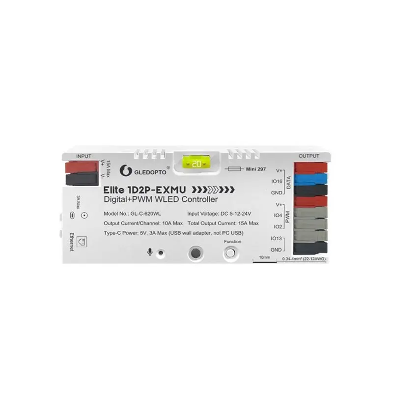GLEDOPTO WLED 컨트롤러 엘리트 1D2P-EXMU GL-C-620WL 디지털 RGBIC PWM 단일 색상 LED 스트립용 내장형 릴레이 퓨즈 이더넷