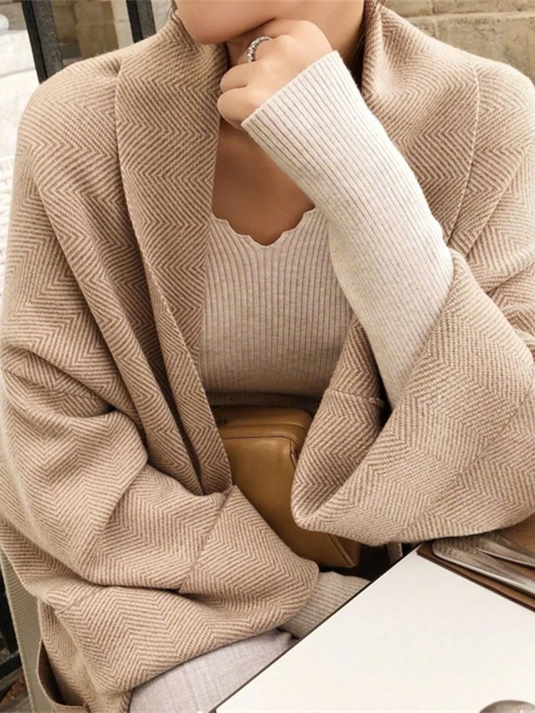 

Women Elegant Autumn Winter Loose Knitted Long Cardigan Coat Female Fashion Outerwear Lady 2022 Clothes