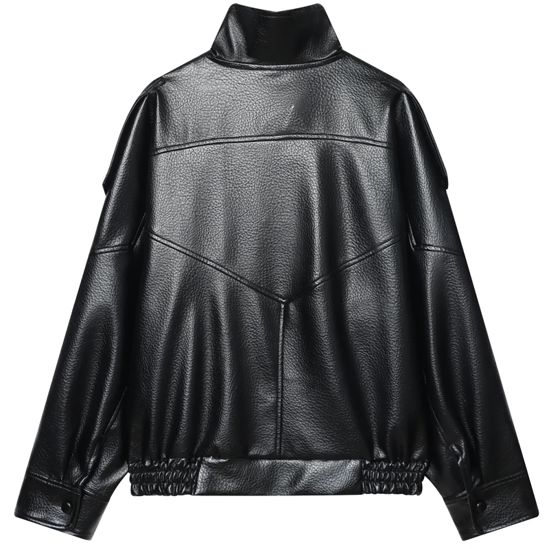 HXAO Faux Leather Black Jackets For Woman