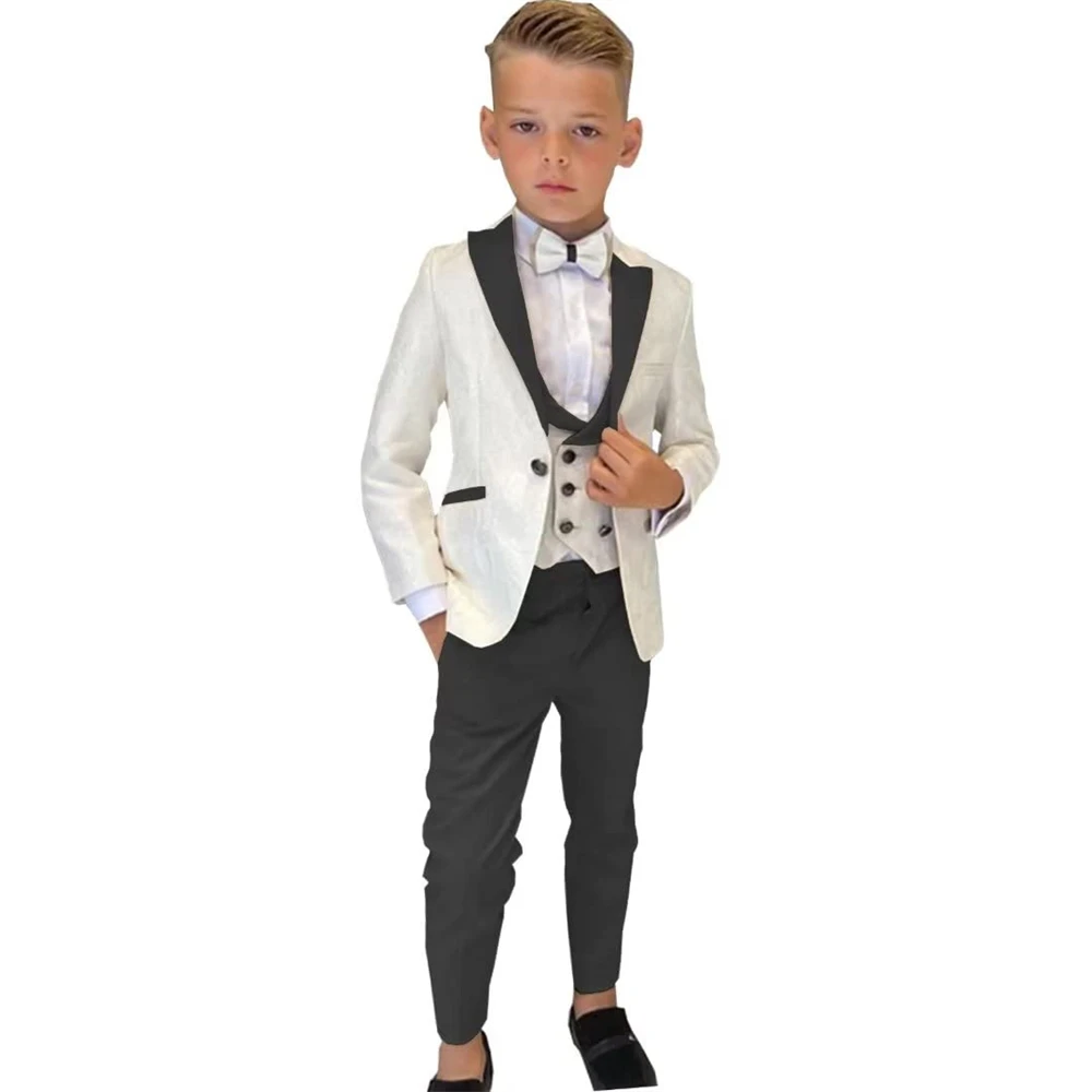 Beige Paisley Boy's Suit Set Wedding Guest Outfit For Kids Children Pantsuit Three Pieces Blazer Vest Pants Smart Stylish Tuxedo