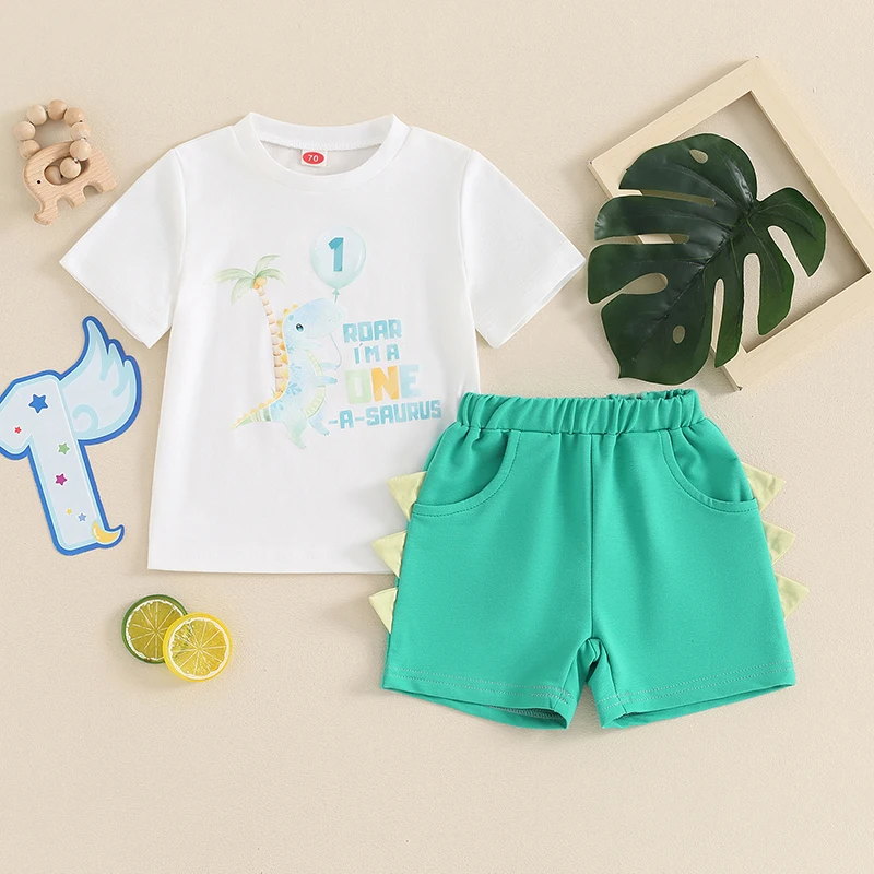 

2024-03-11 Lioraitiin 0-3Y Toddler Boys Summer Shorts Sets Short Sleeve Letter Dinosaur Print Tops and Green Shorts Sets