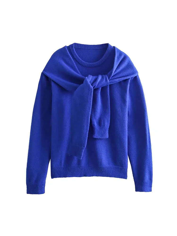 

ZADATA 2024 new women's fashionable and simple blue versatile long-sleeved warm knitted sweater suitable for office commuting
