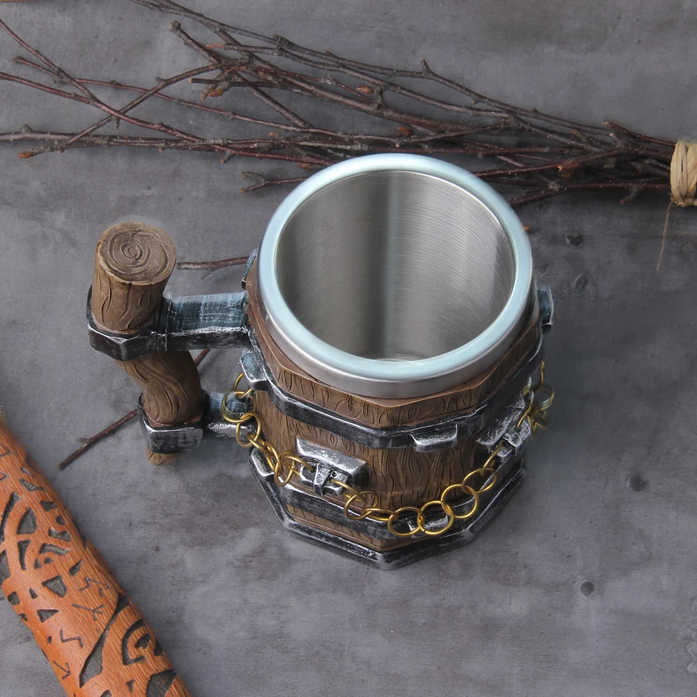 Viking Wood Style Beer Mug Simulation Wooden Barrel Beer Cup with brass Jump Ring Drinking Mug Metal Insulated Bar Drinking beer mug