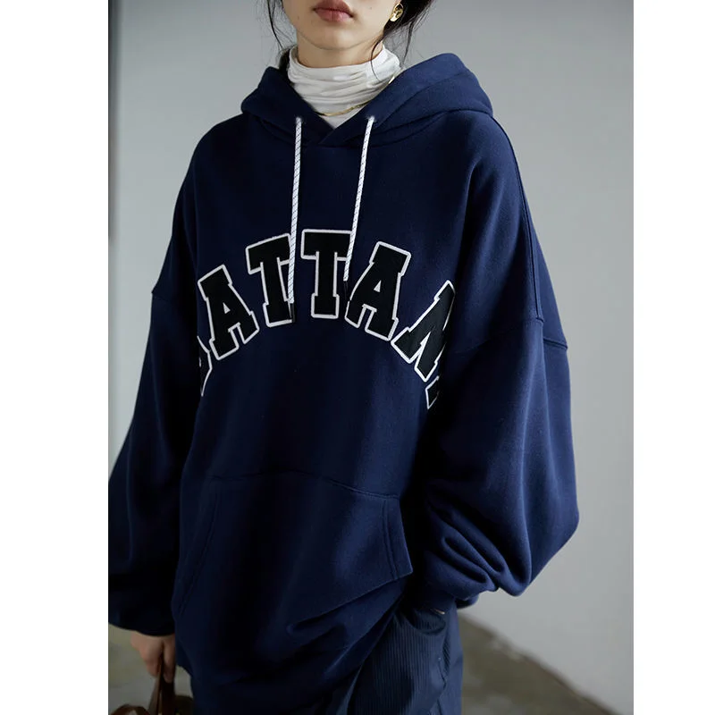 

2023 Warm American Vintage Embroidery Letter Hooded Sweater Women Plush Thickened Autumn and Winter New Loose Student Coat