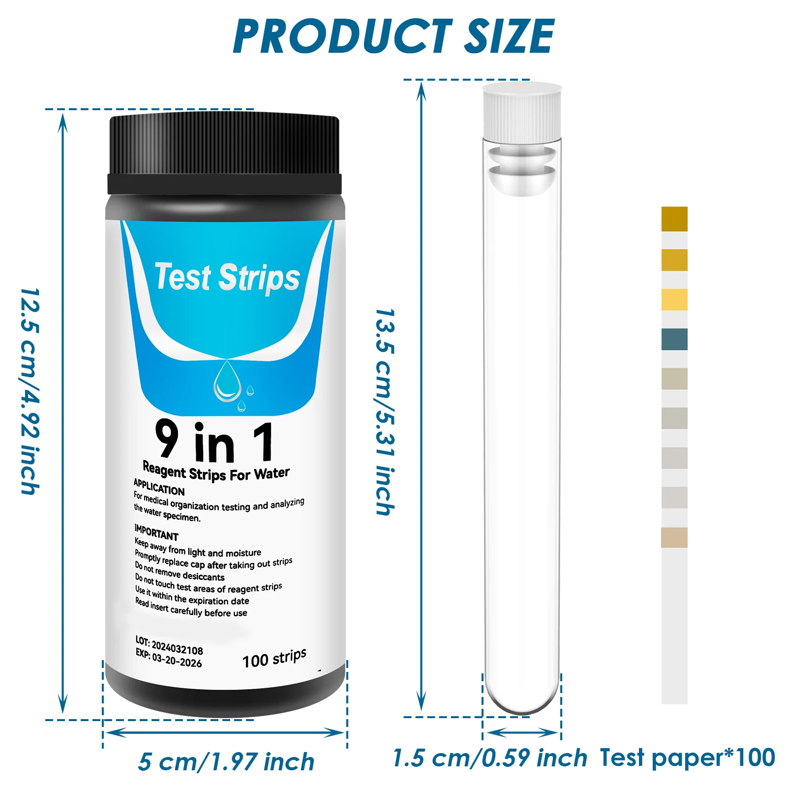 100 Pcs 9-IN-1/7-IN-1 Aquarium Test Strips Fast Accurate Fish Tank Test Kit with Test Tube Water Quality Monitor pH Test Strips