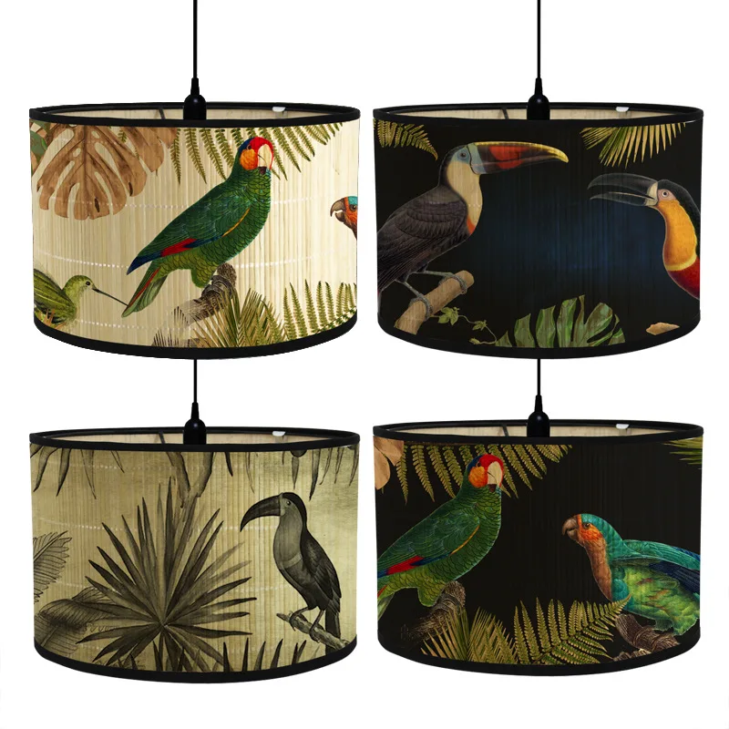 Pantalla de lámpara de estilo japonés con estampado de pájaros, cubierta de luz, candelabro de pared, pantalla de lámpara de Arte de Bambú