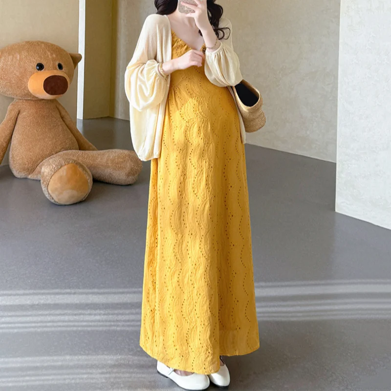 임산부 세트 한국 스타일 부드러운 니트 가디건 V넥 스트랩 드레스 봄 신상 투피스 세트 일반 두께 긴팔