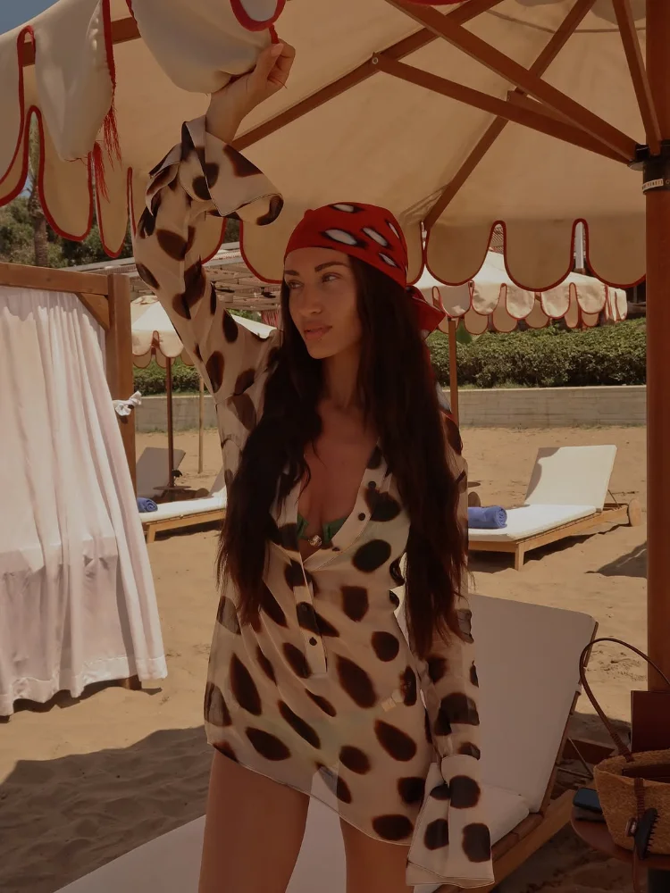 Leopard Print Sheer Chiffon Shirt Dress With Turn-Down Collar and Detachable Scarf — photo 3