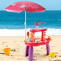Water Table with Umbrella,3-Tier Kids Sand Water Table,Activity Sensory Play Table for Boys Girls,Rose red,Blue 1