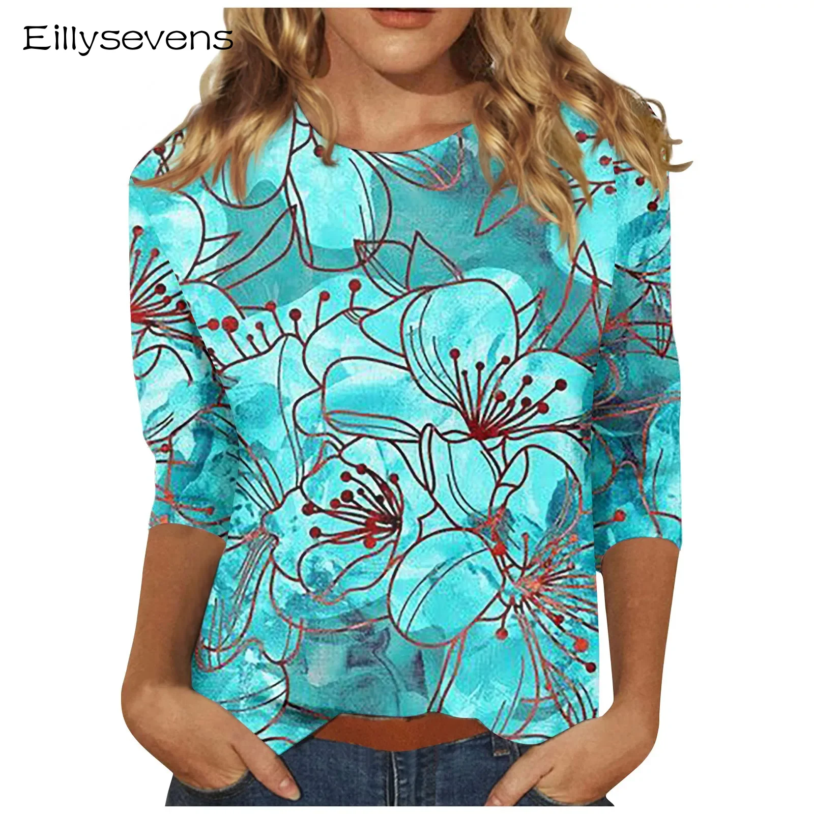 

Summer Women's T-shirt Street New Fashion Loose Seven-point Sleeve Shirt Floral Printed Casual Round Neck T-shirt Top