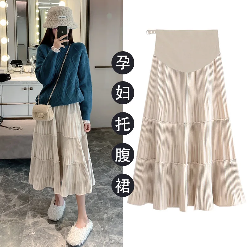 Pregnant Women New Autumn Winter Casual Skirt Simple Fashion Solid Color All-match Pleated Slim A-line Skirt Maternity Clothing