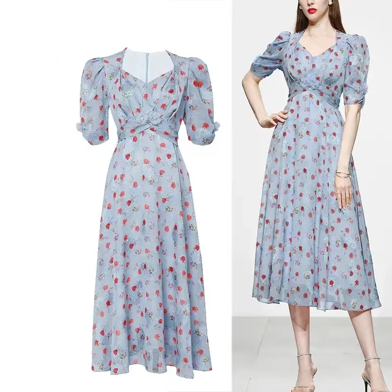 

High Quality New Summer Women Runway Designer Floral Print Midi Long Party Dress weetheart Neckline Vintage 3D Flower Robe