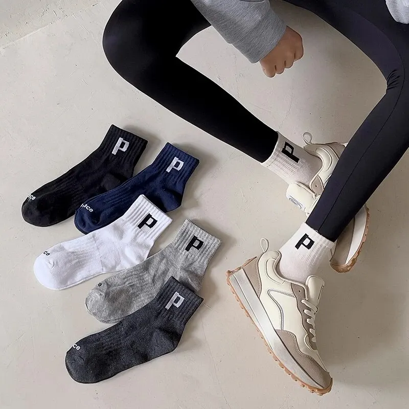 6 Pair Women's and Men's Unisex Spring/Summer Four Seasons Letter P Simple Fashion Trend Sports Comfortable Socks 6