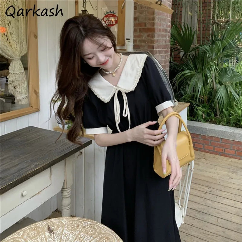 

Peter Pan Collar Dresses Women Preppy Style Drawstring Sweet Cute Mid-calf New Arrival Summer Vintage Harajuku Korean Females