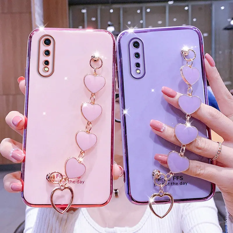 

For vivo Y20 Case Luxury Electroplated Heart Bracelet Holder Cases For vivo Y11 2019 Y11S Y12S Y20S Y30 Y21 Y31 Y51 Y73 Cover